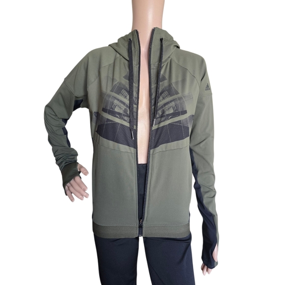 ADIDAS ClimaLite Women's Khaki Green Full Zip Hooded Running Jacket - Picture 11 of 16